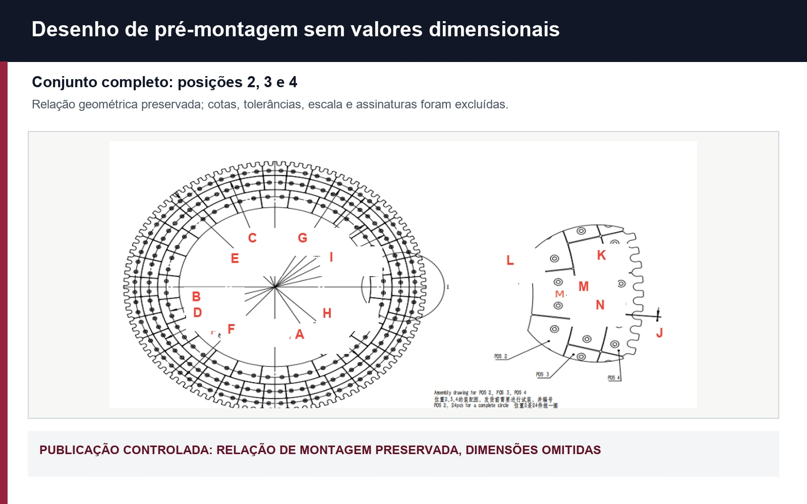 Desenho geral de pré-montagem das posições 2, 3 e 4 das placas de diafragma, com valores dimensionais removidos
